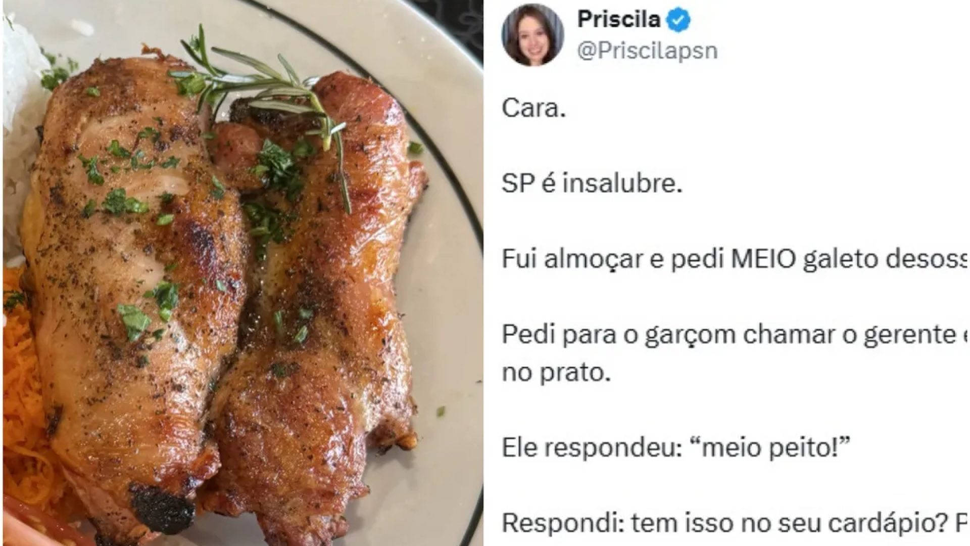 Galeto ou peito? Reclamação sobre prato recebido em restaurante de SP viraliza e gera debate nas redes | Redes sociais
