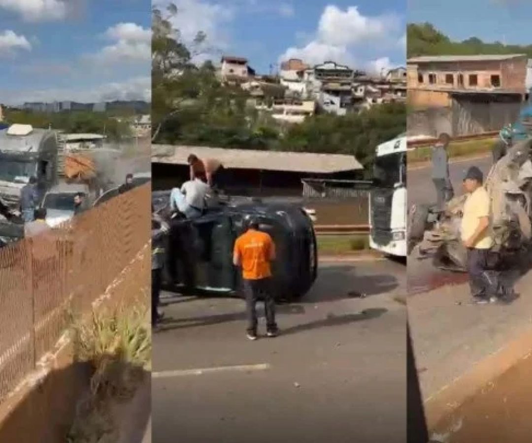 Imagens mostram via sentido Vitória está completamente interditada; 13 veículos se envolveram na colisão e ao menos duas pessoas ficaram feridas -  (crédito: Reprodução/Redes Sociais)