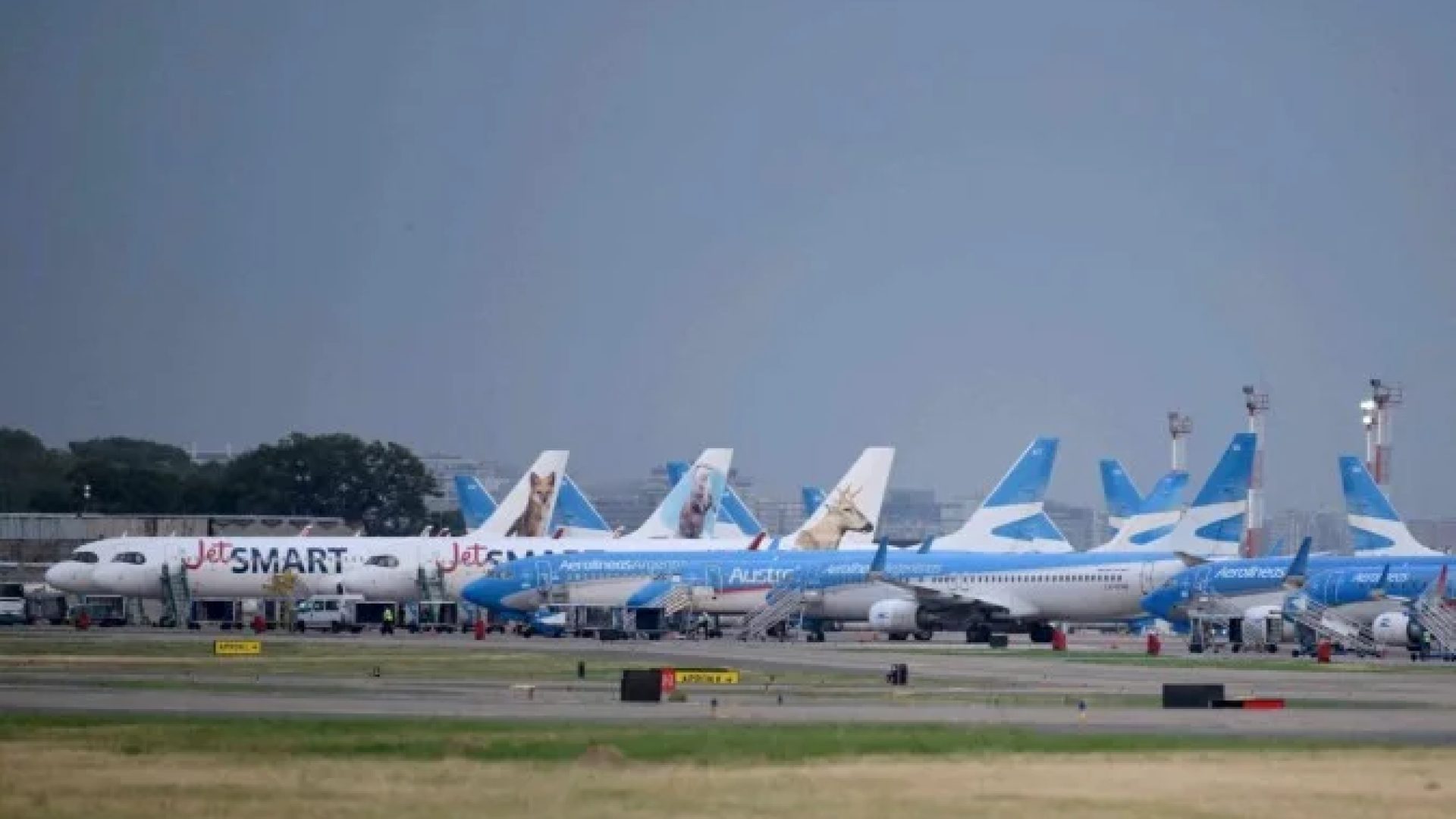 Aviões permanecem retidos na pista do aeroporto Jorge Newbery enquanto voos são cancelados durante uma greve geral de 24 horas, convocada por sindicatos de trabalhadores contra a reforma trabalhista do presidente Javier Milei, em Buenos Aires, em 19 de fevereiro de 2026. -  (crédito: Luis ROBAYO / AFP)