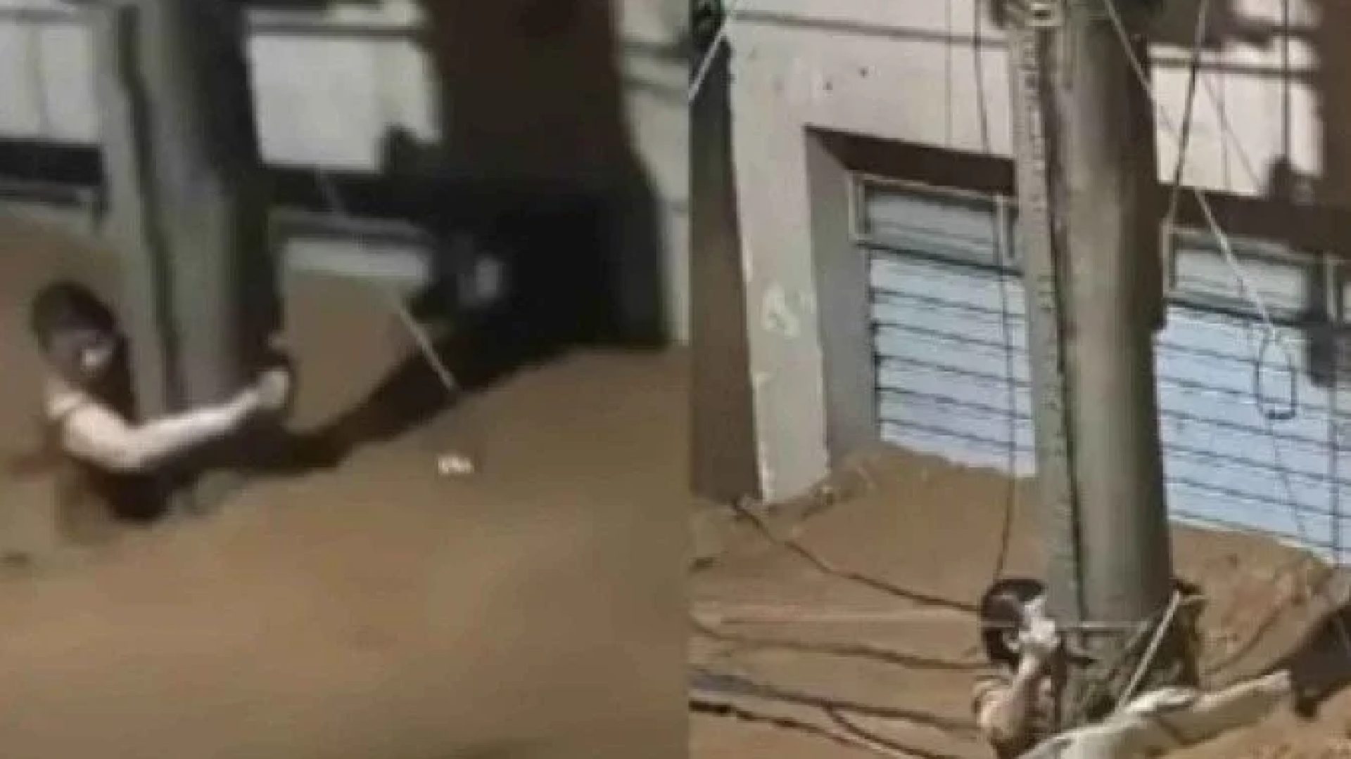 Mulher teve que se segurar em poste por três horas para não ser levada por enchente -  (crédito: Reprodução/ Redes sociais)