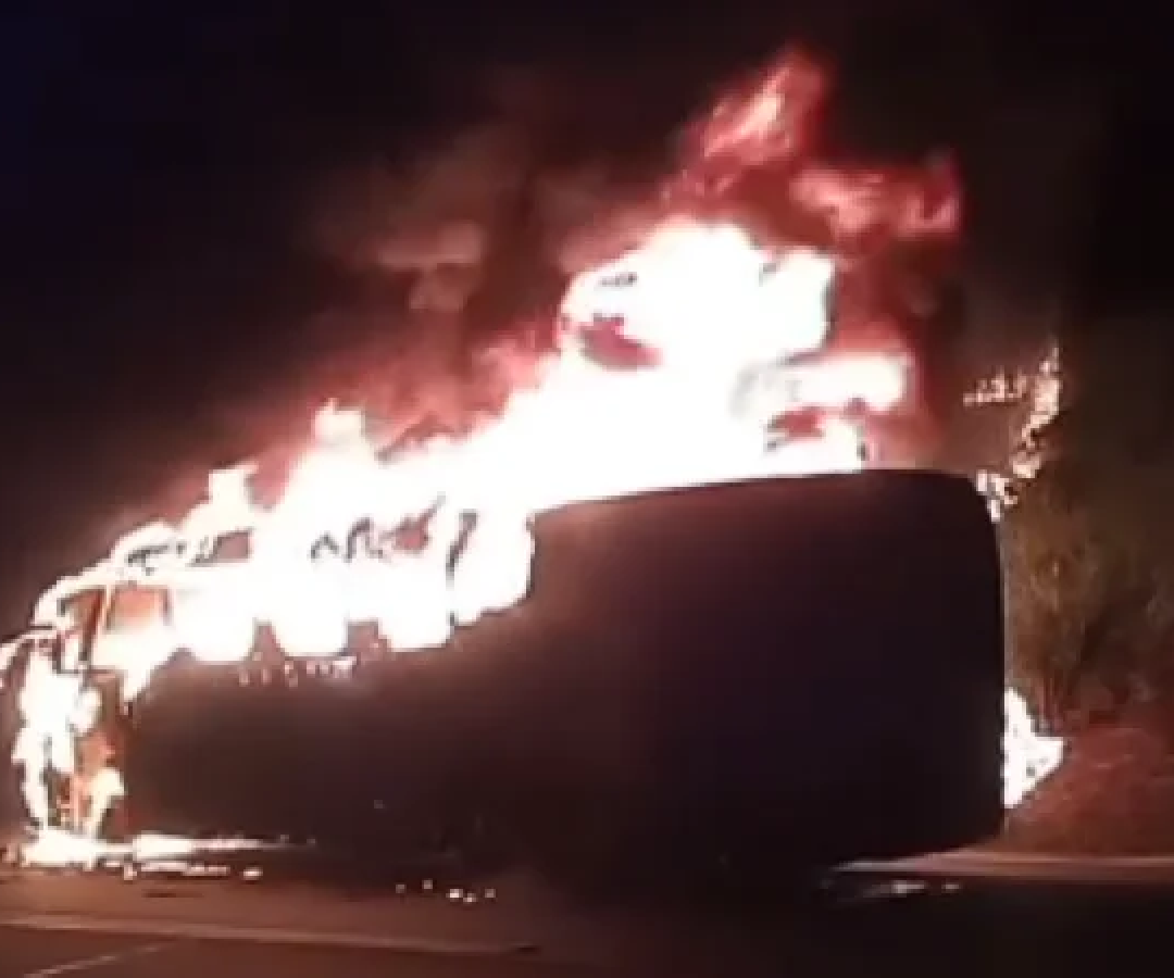 Devido ao impacto, o coletivo foi tomado pelas chamas, mas nenhum passageiro se feriu  -  (crédito: Redes Sociais/Reprodução)