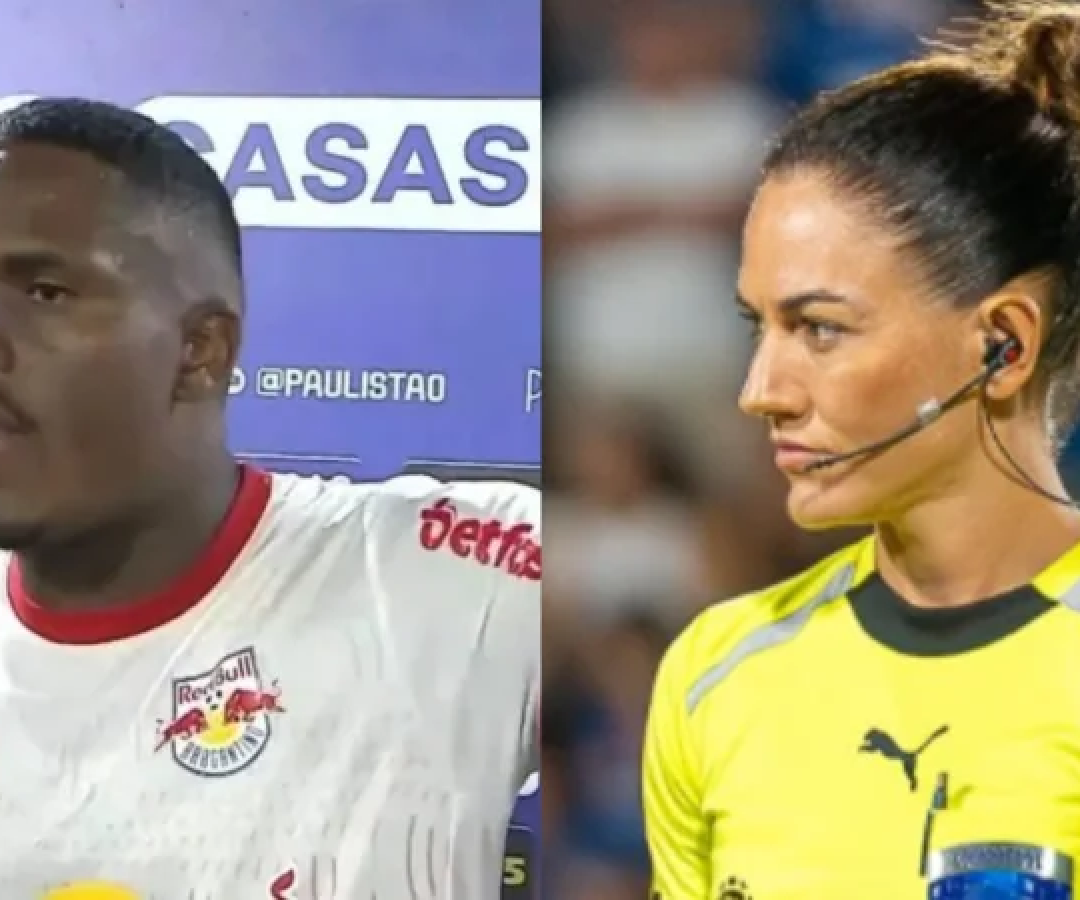 Gustavo Marques, do Bragantino, deu declaração machista contra a árbitra Daiane Muniz -  (crédito: Reprodução/TNT Sports e Reprodução/Redes sociais)