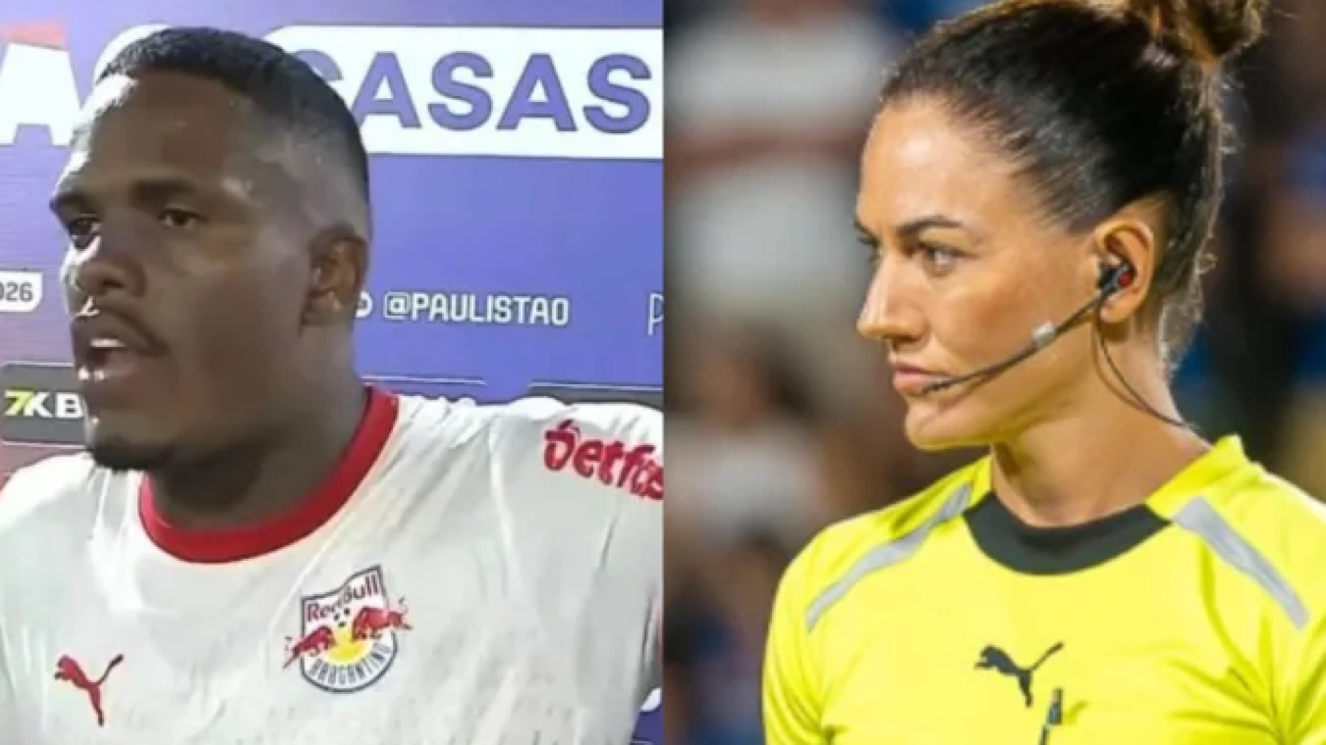 Gustavo Marques, do Bragantino, deu declaração machista contra a árbitra Daiane Muniz -  (crédito: Reprodução/TNT Sports e Reprodução/Redes sociais)