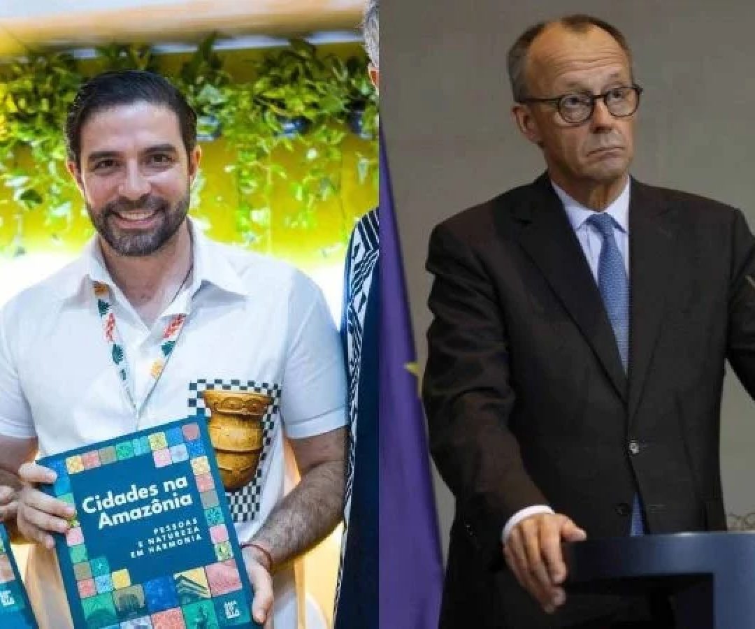 Prefeito de Belém, Igor Normando (E), e o chanceler alemão Friedrich Merz (D) -  (crédito: Reprodução/Instagram e Odd Andersen/AFP)