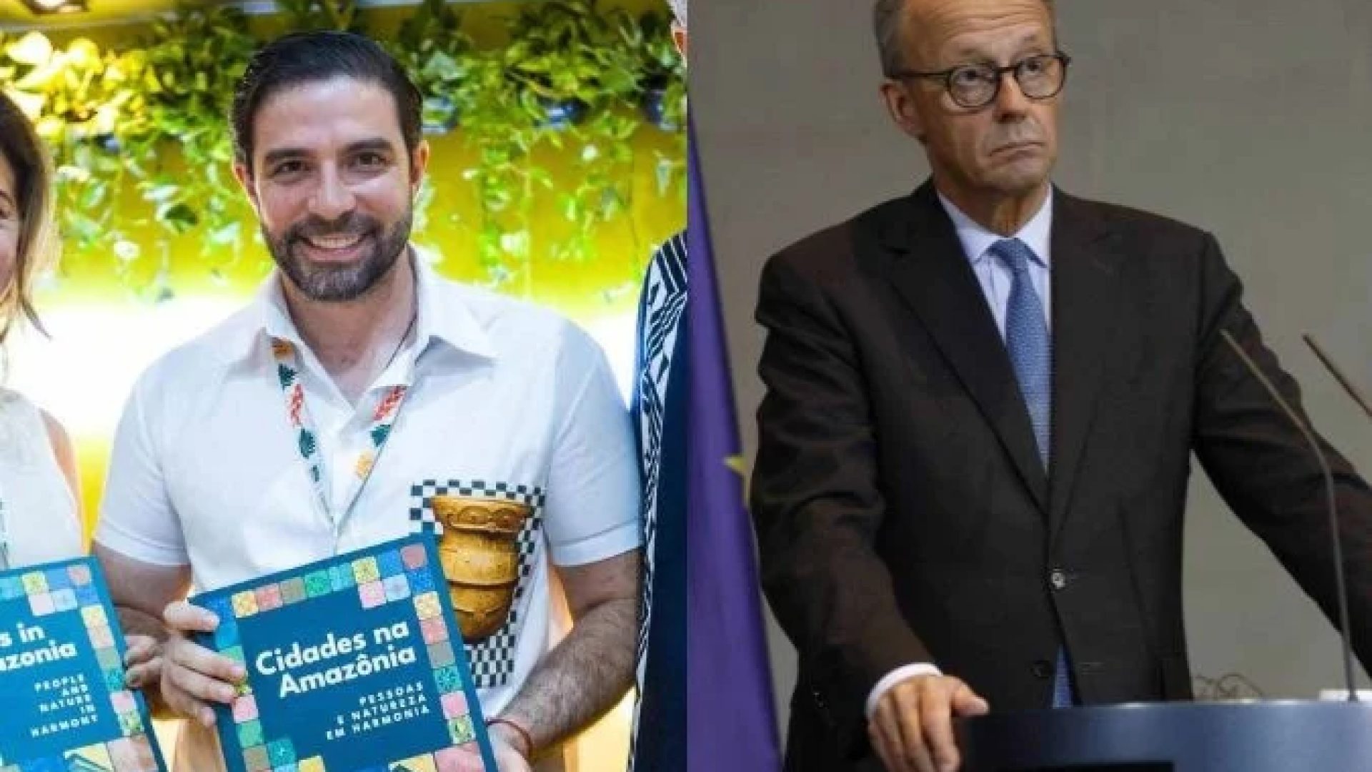 Prefeito de Belém, Igor Normando (E), e o chanceler alemão Friedrich Merz (D) -  (crédito: Reprodução/Instagram e Odd Andersen/AFP)