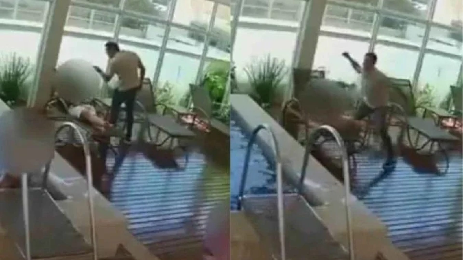 Nas imagens registradas pelas câmeras de segurança do local é possível ver momento em que o agressor aborda a vítima, que estava sentada em uma cadeira de praia -  (crédito: Reprodução/Portal g1)