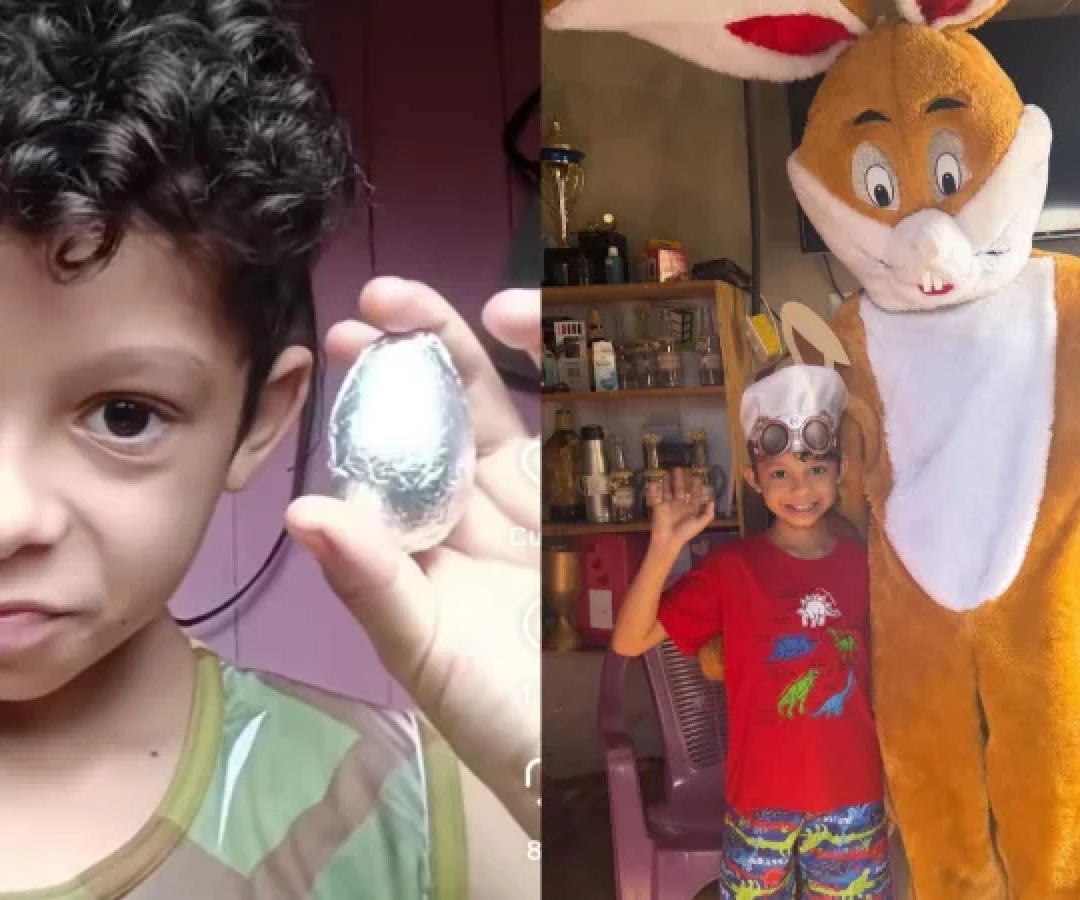 Criança do mini ovo de Páscoa recebe visita de marca de chocolates