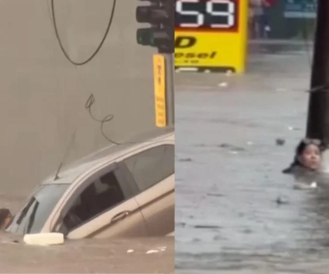 Mulher se agarra a poste e se salva de enxurrada: