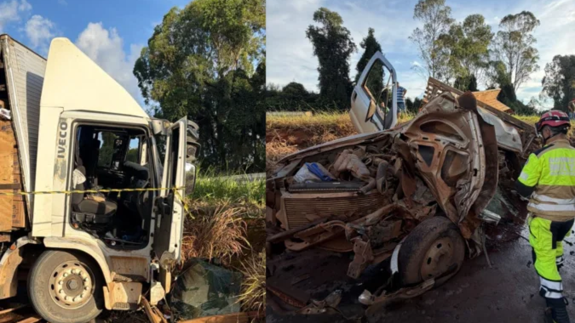 No local, foram identificadas três vítimas. Na caminhonete, estavam duas pessoas, sendo que uma delas morreu. O condutor do caminhão sobreviveu -  (crédito: Corpo de Bombeiros/Reprodução)
