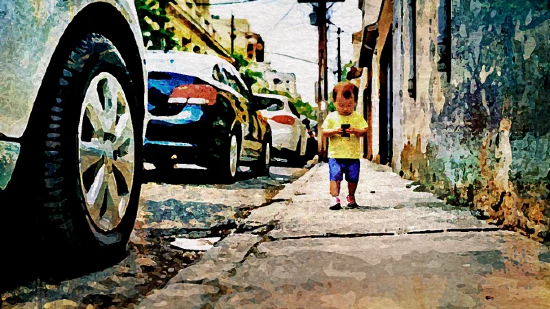 Criança caminha sozinha por calçada estreita, entre carros e muros: cenário urbano que restringe o brincar e evidencia o afastamento da infância do espaço público -  (crédito: Correio Braziliense)
