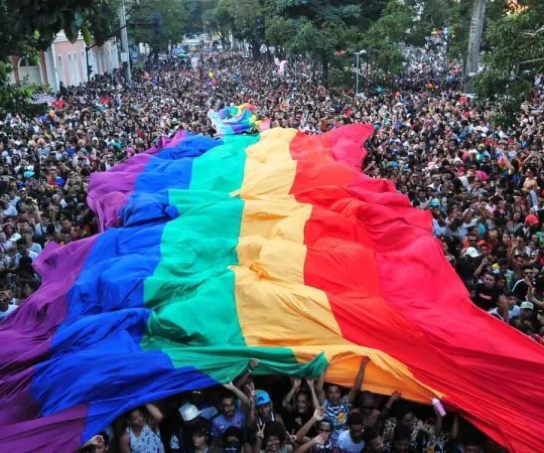 Manifestantes da Parada LGBT encobertos pela bandeira nas cores do arco-&iacute;ris -  (crédito: Gladyston Rodrigues/EM/DA PRESS)