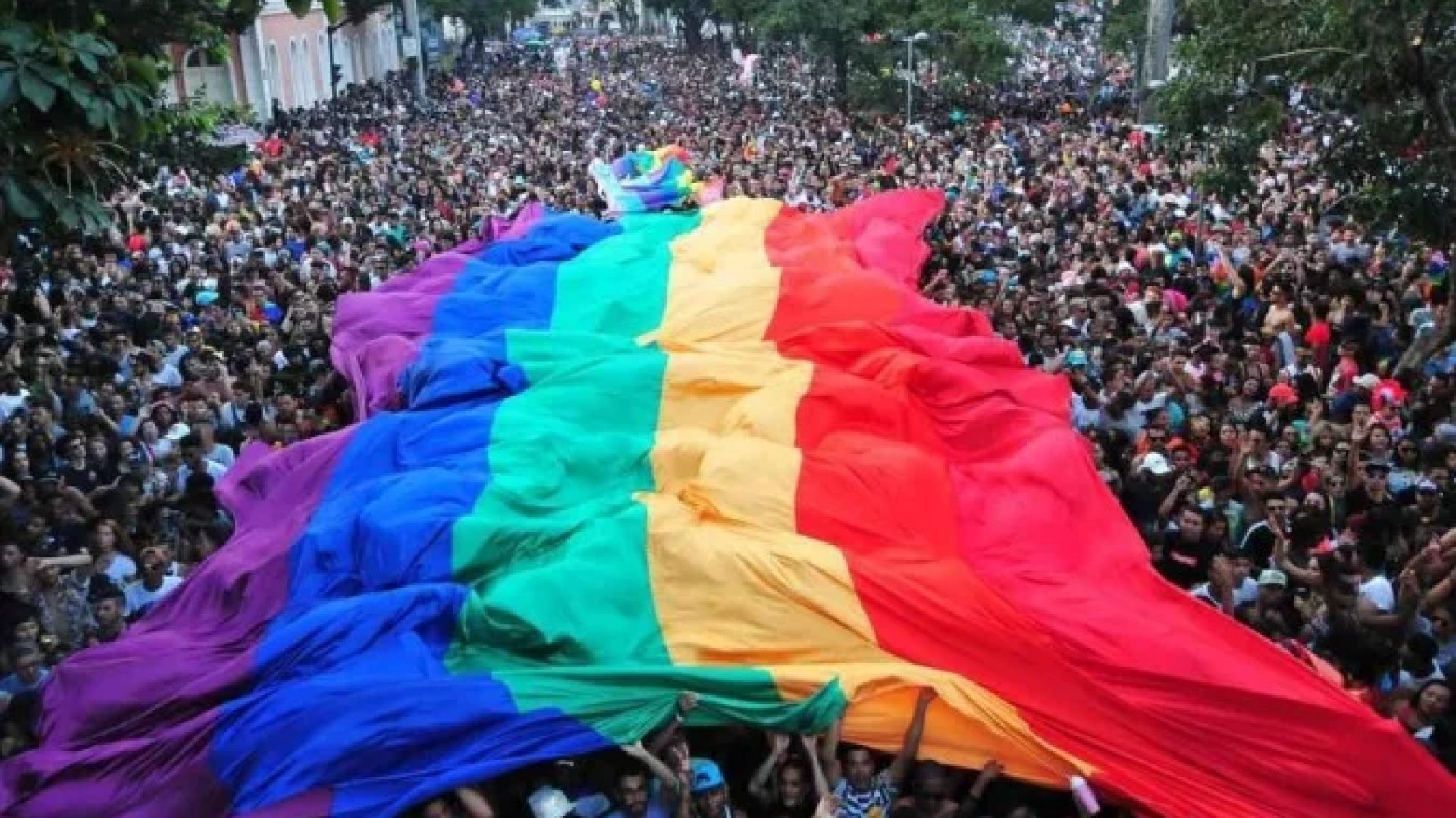 Manifestantes da Parada LGBT encobertos pela bandeira nas cores do arco-&iacute;ris -  (crédito: Gladyston Rodrigues/EM/DA PRESS)