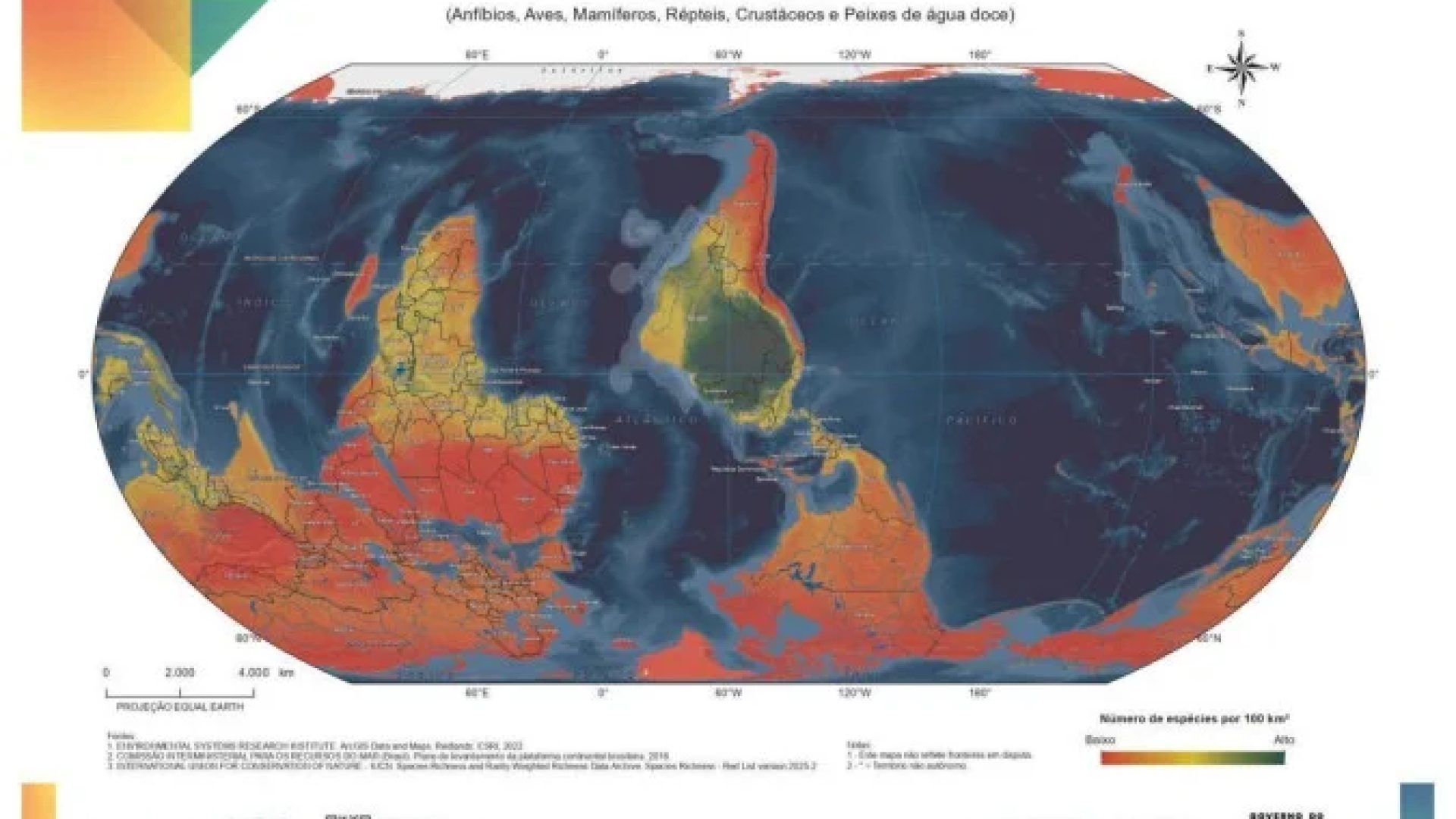 Novo mapa invertido do IBGE traz Brasil no centro do mundo e indicador de diversidade de espécies -  (crédito: Divulgação IBGE)
