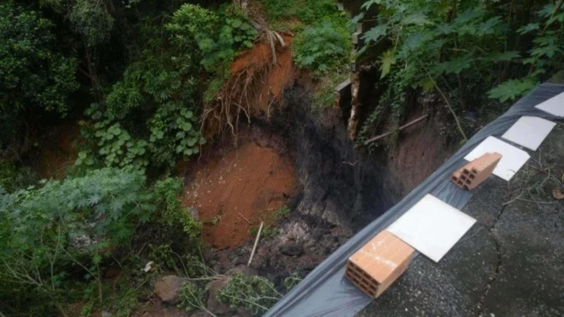 Partes dos quintais de duas casas vizinhas cederam completamente por conta de um deslizamento de terra, em Belo Horizonte -  (crédito: EM Gerais)