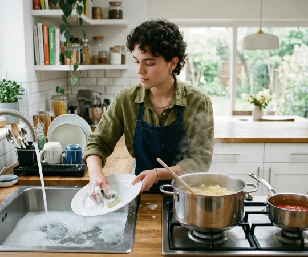 O hábito de limpar a cozinha durante o preparo dos alimentos pode parecer apenas uma questão de preferência, mas, segundo a psicologia, ele revela muito sobre sua personalidade e a forma como você organiza não apenas o espaço, mas também a própria vida -  (crédito: Flow/Google IA)