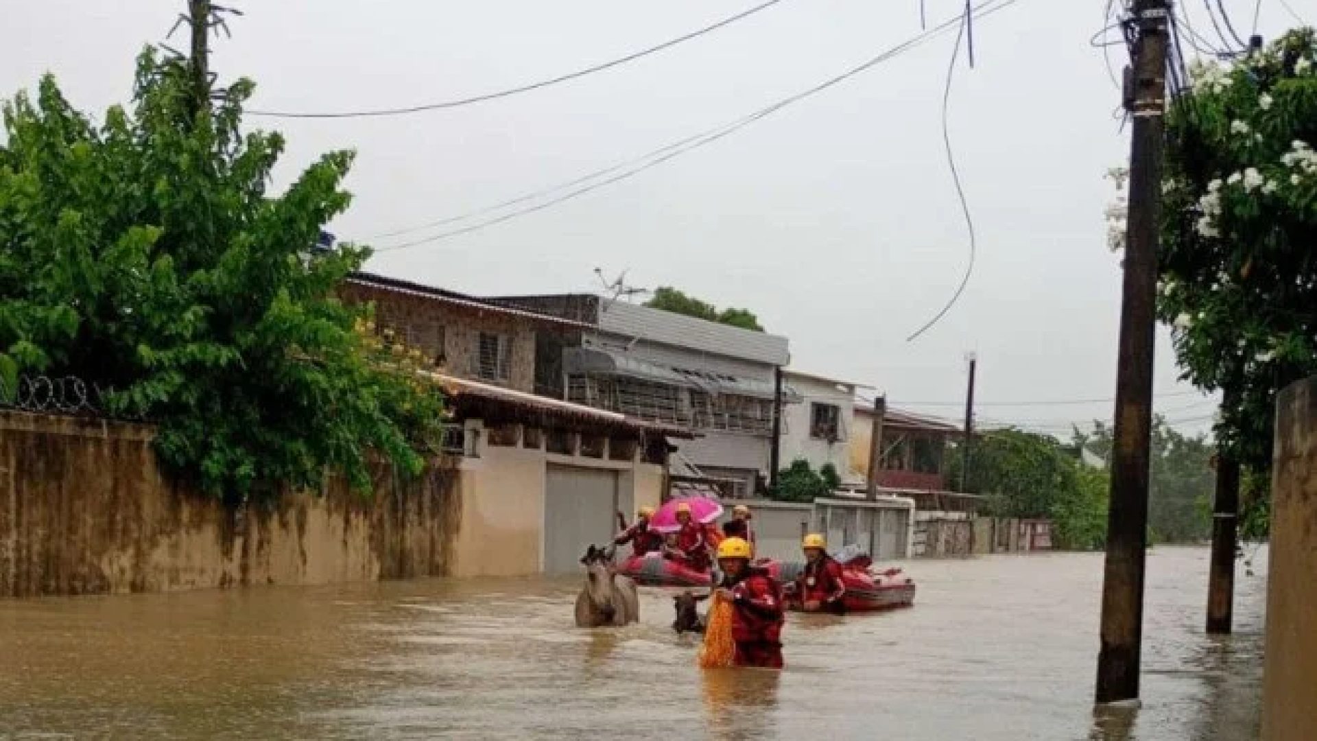 Bombeiros usam botes para retirar moradores dos bairros alagados pelas chuvas que atingem a Região Metropolitana de Recife desde sexta-feira -  (crédito:  CBM-PE/Divulgação)