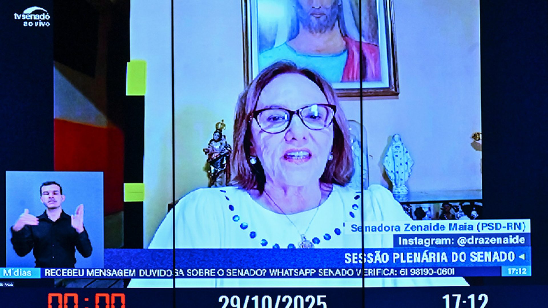 Painel exibe senadora Zenaide Maia (PSD-RN) via videoconferência.