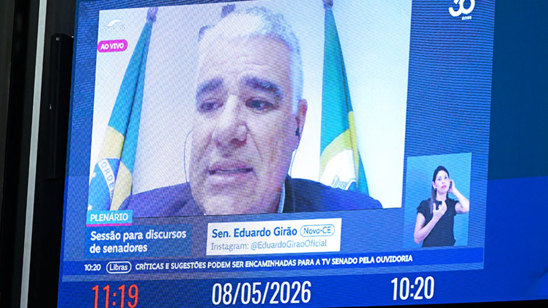 No painel, senador Eduardo Girão (Novo-CE) em pronunciamento via videoconferência.