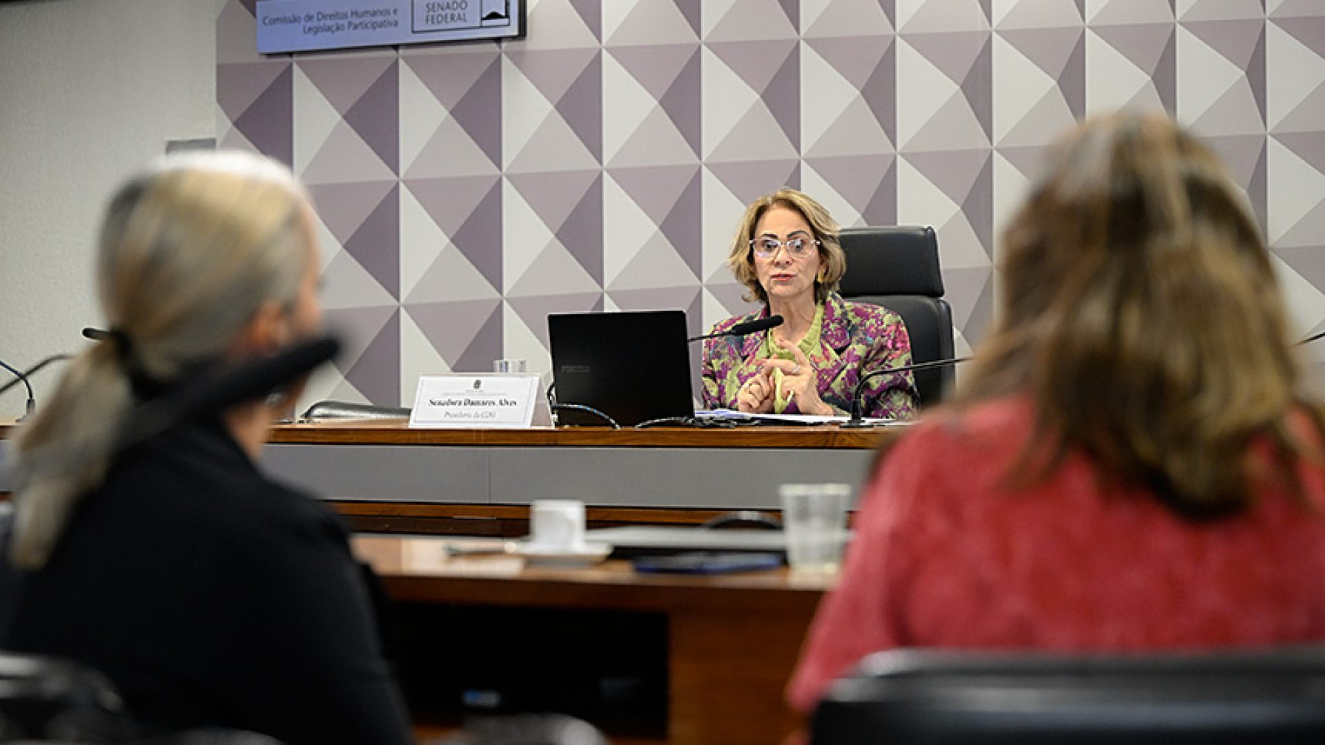 À mesa, presidente da CDH, senadora Damares Alves (Republicanos-DF), conduz audiência.