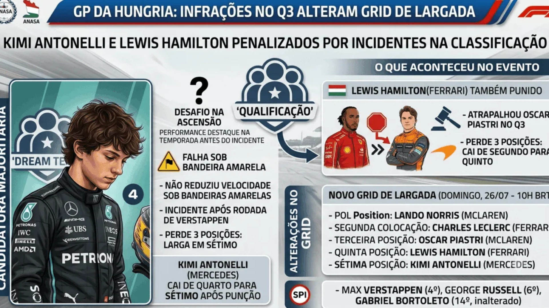 Kimi Antonelli é punido na F1 e perde posições no grid da Hungria