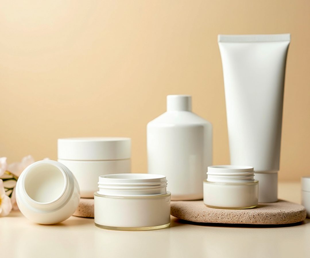 Disposição de frascos de cosméticos
