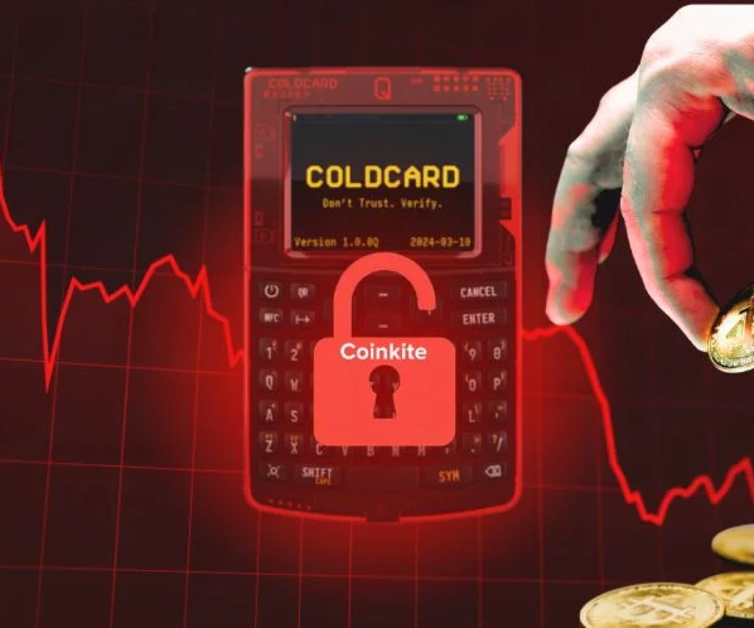 Dispositivo de hardware wallet para armazenamento de Bitcoin ao lado de circuitos integrados e representação visual de segurança criptográfica. COLDCARD. Coinkite. Bitcoins.