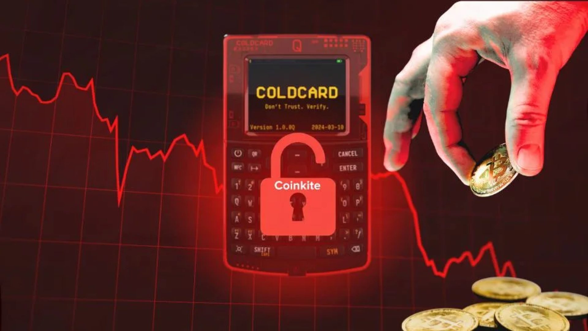 Dispositivo de hardware wallet para armazenamento de Bitcoin ao lado de circuitos integrados e representação visual de segurança criptográfica. COLDCARD. Coinkite. Bitcoins.