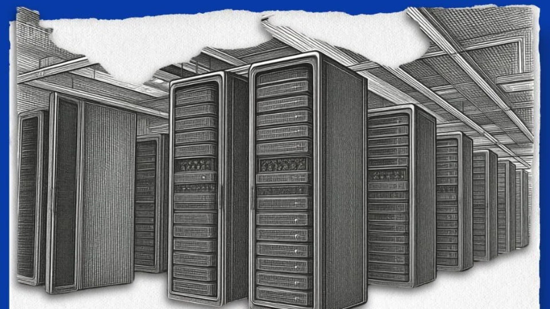 "Uma ilustração estilizada em preto e branco com aparência de desenho técnico ou croqui, mostrando várias fileiras de racks de servidores de data center. A imagem está sobreposta em um fundo azul vibrante, com a borda superior rasgada como papel branco, criando um contraste dramático.