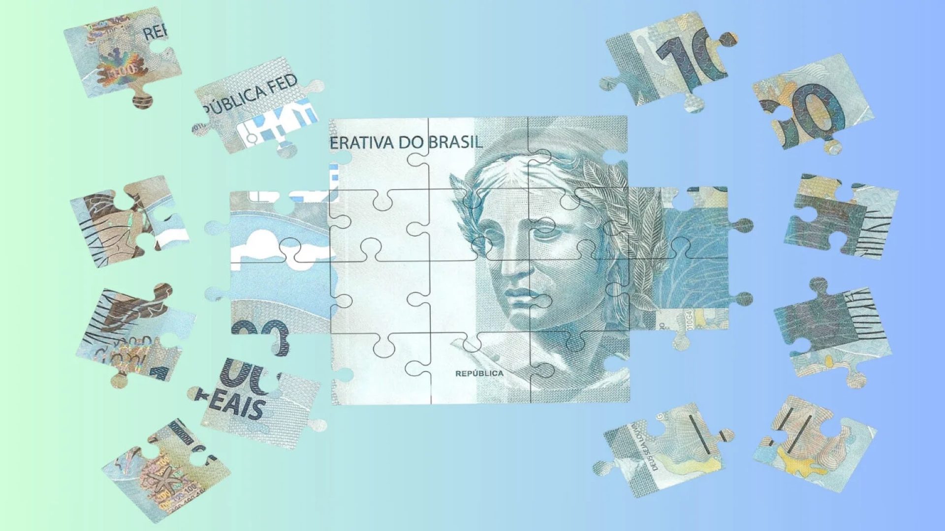 Termômetro do Mercado: Onda de Pessimismo Extremo Atinge Executivos e Investidores no Brasil Arte gráfica representando cédulas da moeda brasileira (Real) organizadas como peças de um quebra-cabeça, simbolizando a montagem de carteiras de investimentos e busca por rentabilidade no Brasil. IPCA+ e Taxa Selic. B3. Bolsa de Valores.