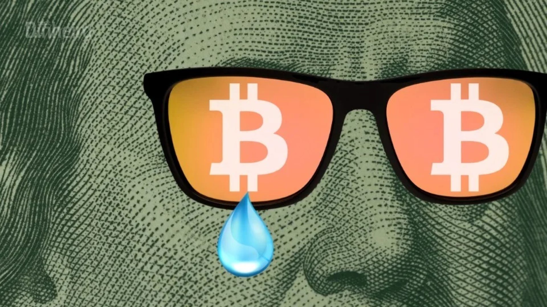 Ilustração do rosto de Benjamin Franklin em uma nota de dólar americano usando óculos escuros. Nas lentes dos óculos está refletido o símbolo do Bitcoin em laranja e branco, com uma lágrima azul caindo do canto da lente esquerda, simbolizando a queda e a tristeza no mercado cripto.