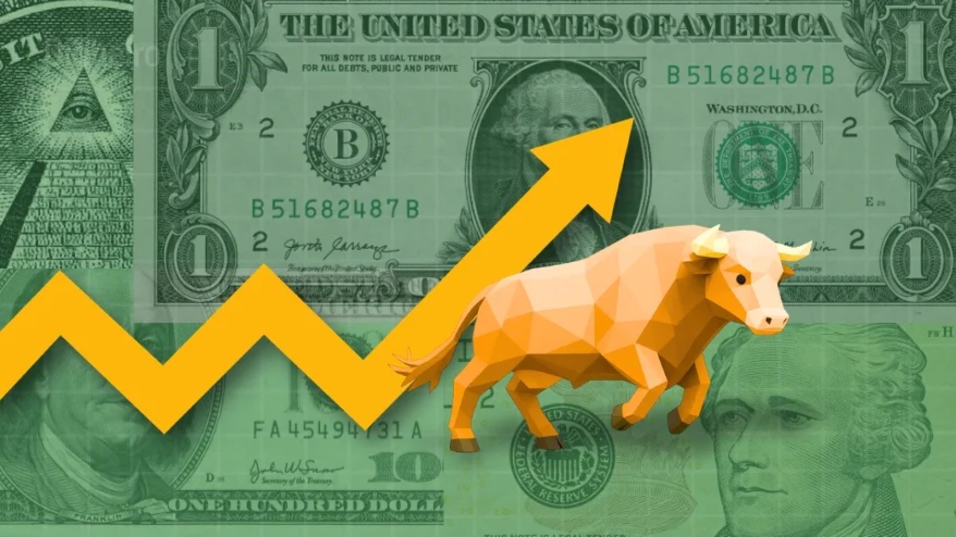 Ilustração com notas Dólar e Ibovespa de dólar ao fundo, um gráfico ascendente amarelo e a figura de um touro poligonal simbolizando a alta e o otimismo do mercado financeiro.