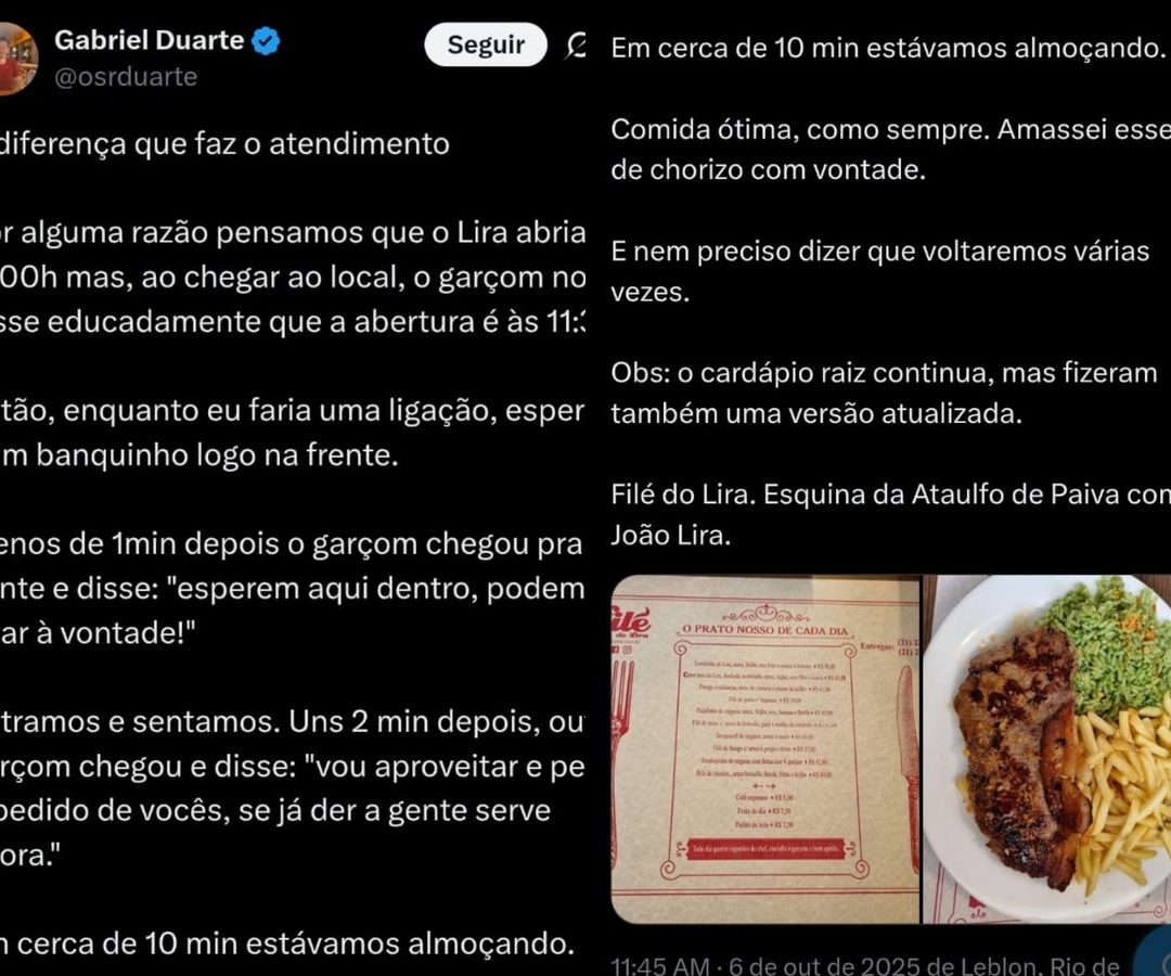 Elogio a atendimento em restaurante no Rio de Janeiro viraliza e dono já projeta 15% de aumento no movimento | Redes sociais