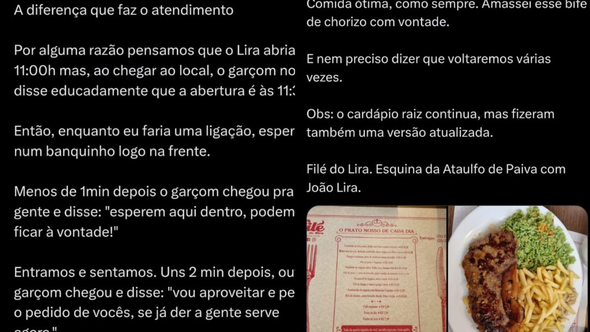 Elogio a atendimento em restaurante no Rio de Janeiro viraliza e dono já projeta 15% de aumento no movimento | Redes sociais