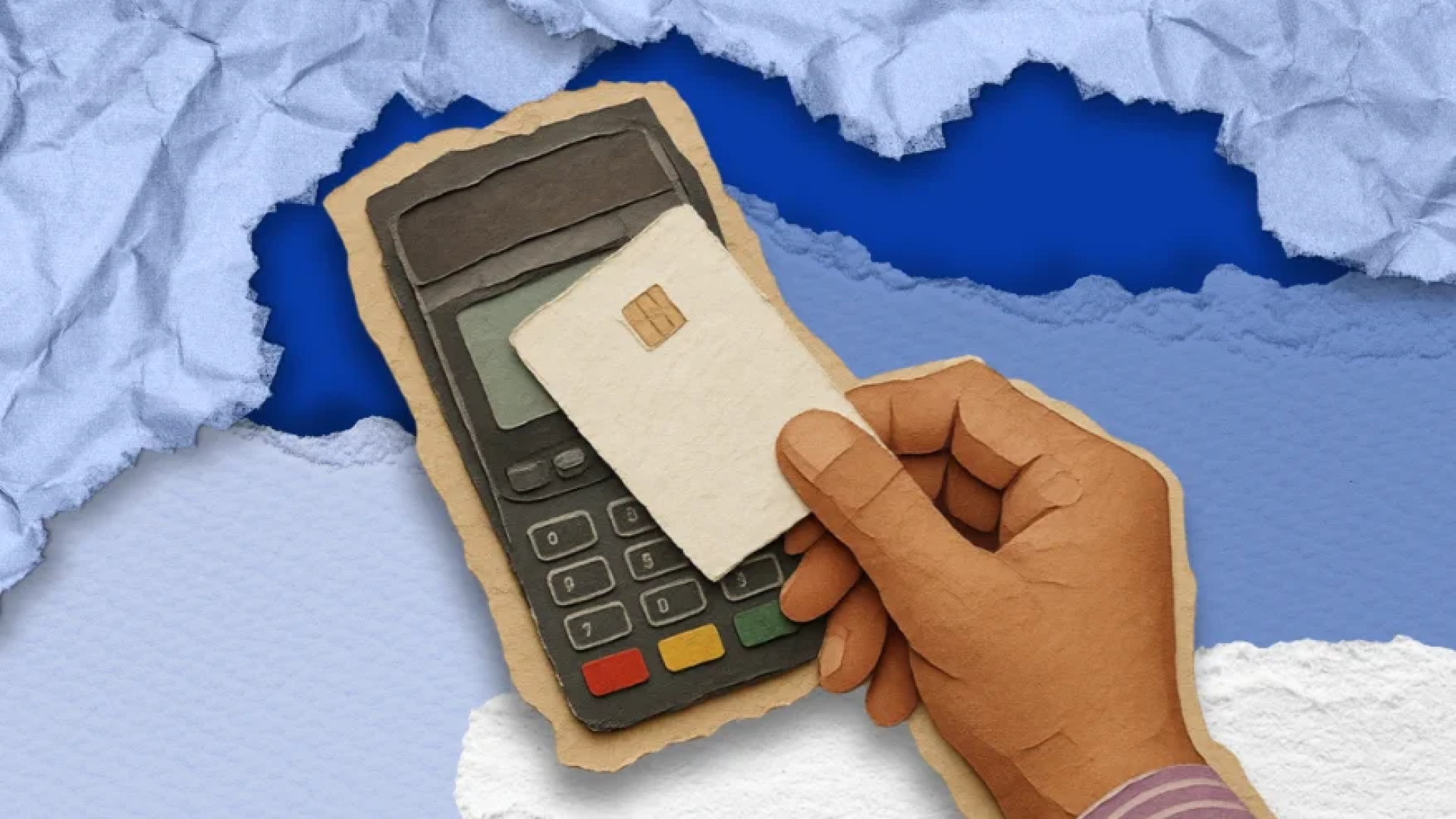 Crédito rotativo Ilustração estilizada em colagem de papel mostrando uma mão aproximando um cartão de crédito de uma maquininha de pagamento sobre fundo azul e rasgado.