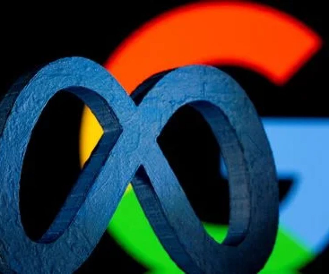 Logos da Meta (dona das redes sociais Facebook, Instagram e WhatsApp) e do Google